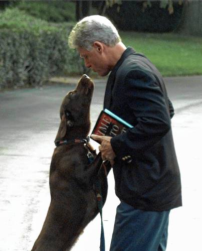 President Bill Clinton and his dog Buddy share a moment at the White House in August 1998.