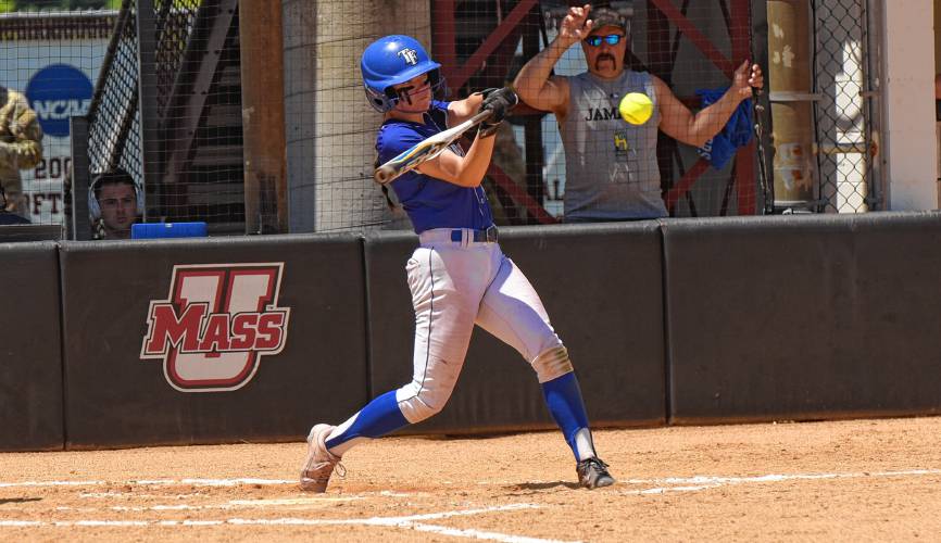 Turners Falls’ Mia Marigliano makes contact during the Thunder’s 5-0 win over Georgetown in the MIAA Division 5 championship game on Saturday at Sortino Field on the campus of UMass.