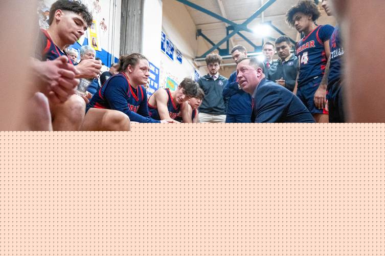 Mahar head coach Chad Softic talks to his team during a game against Granby earlier this season. Mahar head coach Chad Softic talks to his team during a game against Granby earlier this season.