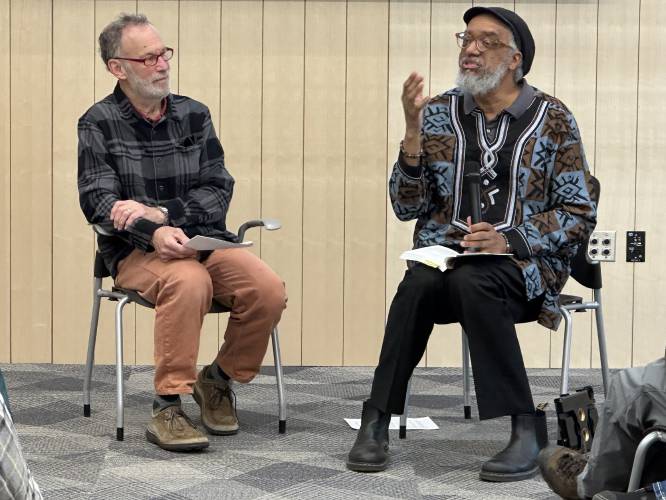 The Friends of the Greenfield Public Library and Racial Justice Rising welcomed the community to “In Defiance: 20 Abolitionists You Were Never Taught In School,” a book presentation by co-authors Tom Weiner, left, and Amilcar Shabazz, right, at the Greenfield Public Library on Wednesday, April 16. Weiner is a Northampton-based writer, educator and activist, and Shabazz is a professor and former president of the National Council for Black Studies.
