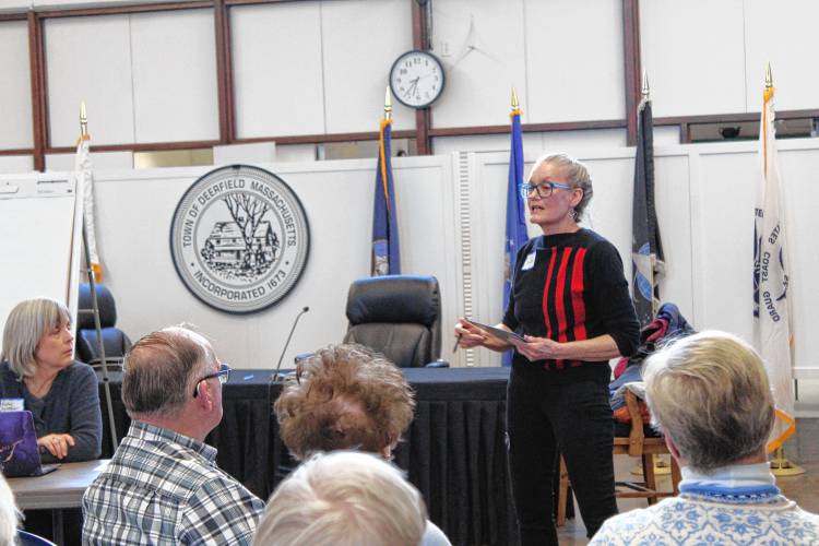 Ad hoc Senior Housing Committee Chair Lili Dwight introduces residents to the town’s senior housing open house on Thursday evening at Town Hall.