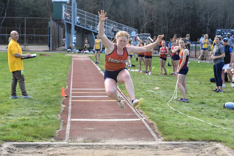 Frontier’s Abbigayle Grover competes in the triple jump during a meet against Mohawk Trail on Monday in Buckland. 