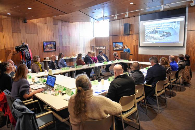 Linda Dunlavy, executive director of the Franklin Regional Council of Governments, speaks to those gathered at the John W. Olver Transit Center in Greenfield on Monday for a meeting with state Department of Transportation Secretary Monica Tibbits-Nutt.