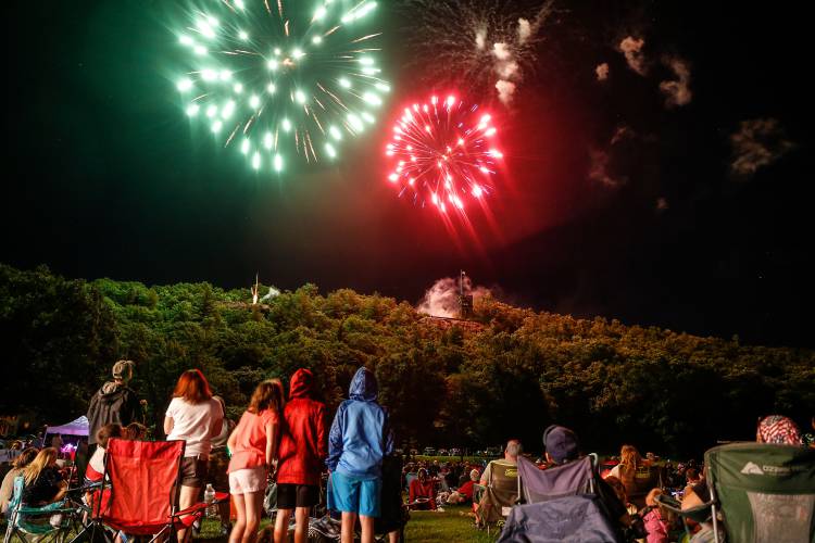 Hundreds gather at Beacon Field to watch fireworks launch from Poet’s Seat Tower in 2018. This year’s Independence Day celebration will be held on Saturday, July 6.