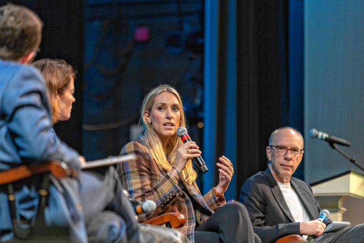Politico national political correspondent Meridith McGraw speaks at a fall edition of the Deerfield Forum at Deerfield Academy on Wednesday.