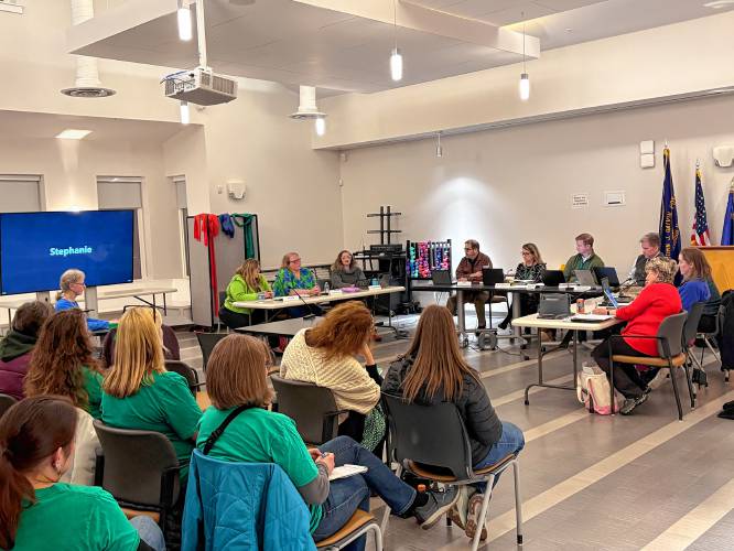 Greenfield School Committee members discuss Mayor Ginny Desorgher’s fiscal year 2026 education budget and its impact on redistricting at a special School Committee meeting Monday.