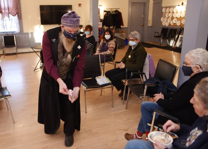 Ed the Wizard performs card tricks and slight-of-hand tricks for seniors at the Bernardston Senior Center in 2021.Wendell will kick off summer reading on June 22, with Ed the Wizard’s family-friendly interactive magic show that centers around the efforts of recycling.