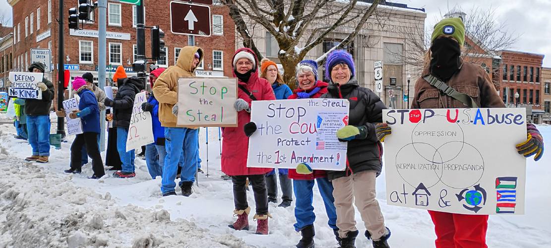 Despite bitter cold temperatures and strong wind gusts, more than 25 people participated in a standout on the Greenfield Common on Monday, President’s Day, as part of the National Day of Protest. The protests were organized to advocate for constitutional and First Amendment rights, support equality and resist executive overreach. Residents of Greenfield, Montague, Orange and Leverett were in attendance.