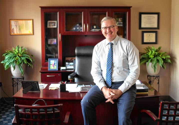 Christopher J. Donelan, pictured in his office at the Franklin County Jail and House of Correction in Greenfield in January, served as the Franklin County sheriff until the end of January. He has since been suspended as director of the East Falmouth Police Academy. He had been working at the academy part-time for four weeks. Christopher J. Donelan, pictured in his office at the Franklin County Jail and House of Correction in Greenfield in January, served as the Franklin County sheriff until the end of January. He has since been suspended as director of the East Falmouth Police Academy. He had been working at the academy part-time for four weeks.