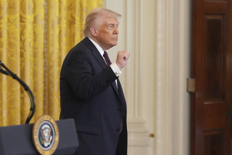 President Donald Trump gestures as he departs a reception celebrating Greek Independence Day in the East Room of the White House, Monday, March 24, 2025, in Washington. President Donald Trump gestures as he departs a reception celebrating Greek Independence Day in the East Room of the White House, Monday, March 24, 2025, in Washington.