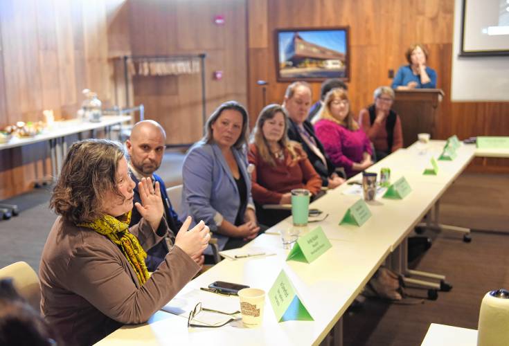 Sen. Jo Comerford speaks to those gathered at the John W. Olver Transit Center in Greenfield on Monday for a meeting with state Department of Transportation Secretary Monica Tibbits-Nutt.
