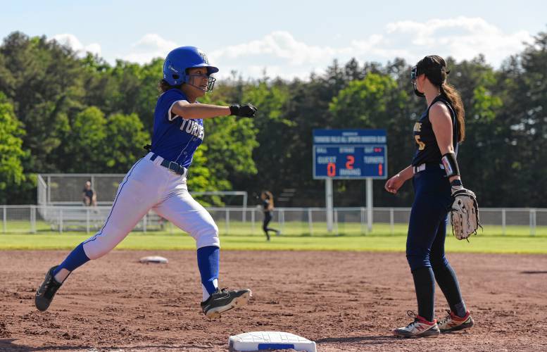 Turners Falls’ Marilyn Abarua (7) rounds third base en route to scoring a run in the second inning of the Thunder’s 11-0 victory over Academy of Notre Dame in the MIAA Division 5 Round of 32 on Monday at Gary Mullins Field in Turners Falls.