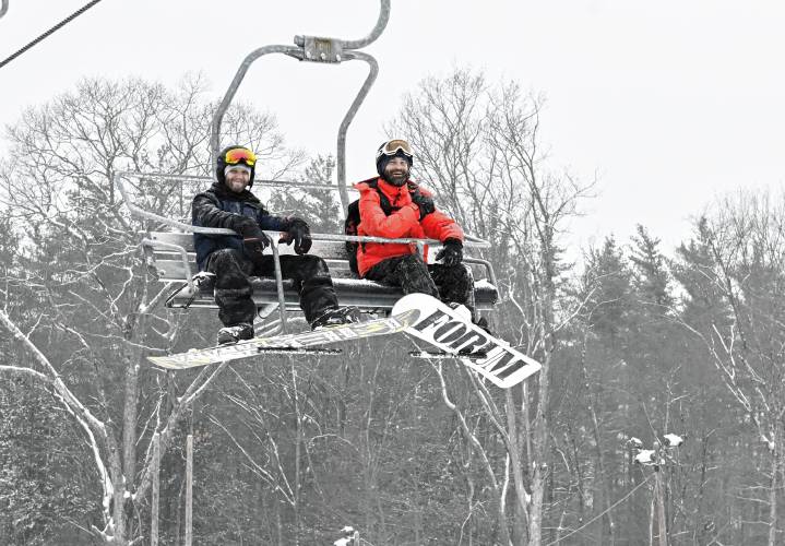 Snowboarding during a fundraiser for United Way at Berkshire East Mountain Resort in Charlemont on Thursday are Josh Stefanik of West Springfield and John Mastrorio of Agawam.