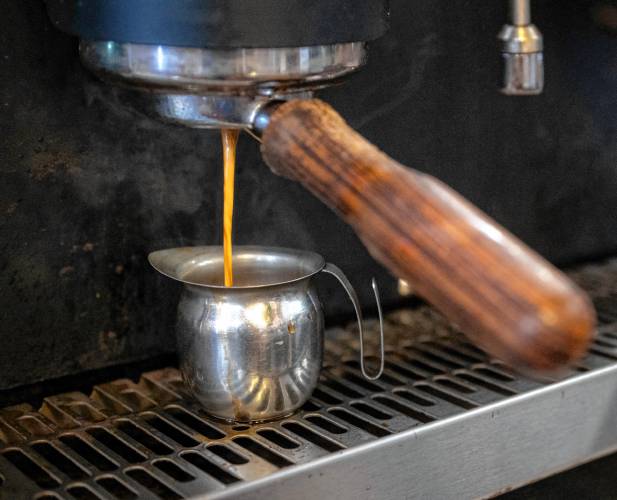 An espresso shot is pulled at Shelburne Falls Coffee Roasters in Hadley.