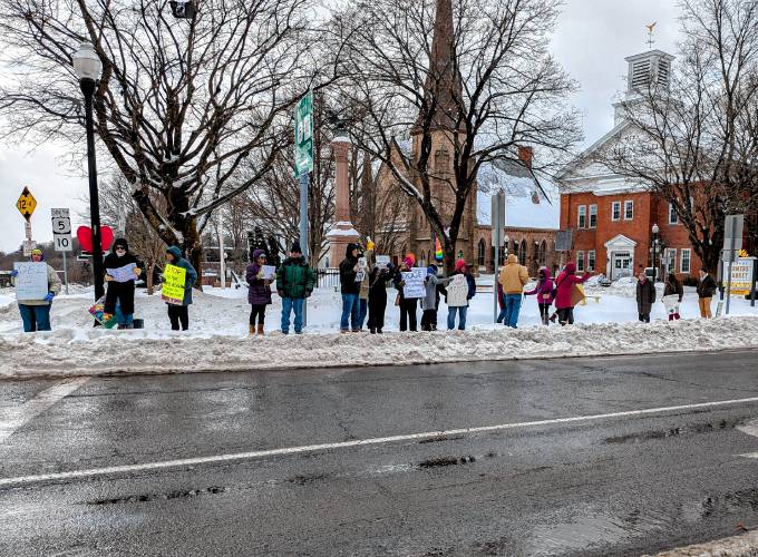 Despite bitter cold temperatures and strong wind gusts, more than 25 people participated in a standout on the Greenfield Common on Monday, President’s Day, as part of the National Day of Protest. The protests were organized to advocate for constitutional and First Amendment rights, support equality and resist executive overreach. Residents of Greenfield, Montague, Orange and Leverett were in attendance.