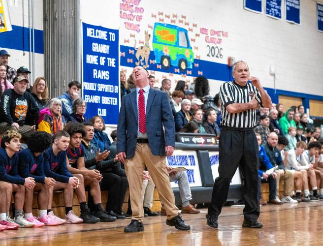 Mahar Head Coach Chad Softic reacts after a foul is called during the PVIAC Class C tournament semifinal game against Granby at Granby High School, Tuesday, Feb. 18, 2025, in Granby.