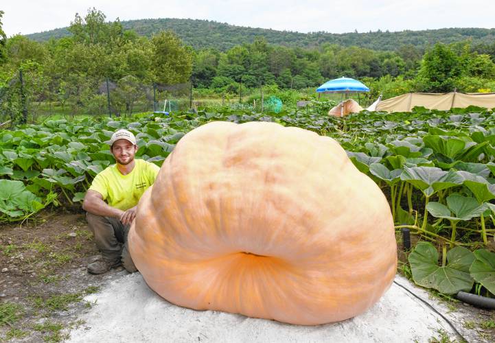 Hayden Rouse of Bernardston with his 1,400-pound pumpkin that he has named Spitfire.