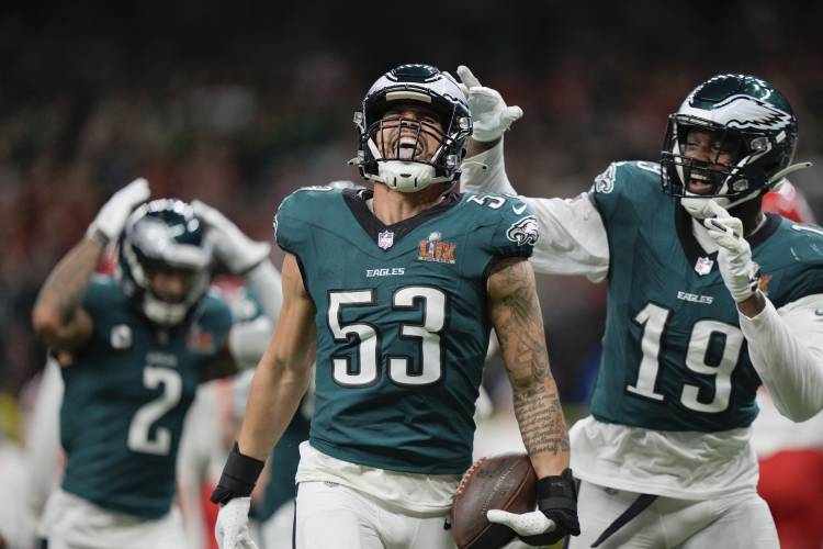 Philadelphia Eagles linebacker Zack Baun (53) celebrates after intercepting a pass during the first half of the NFL Super Bowl 59 football game against the Kansas City Chiefs, Sunday, Feb. 9, 2025, in New Orleans. (AP Photo/Matt Slocum)