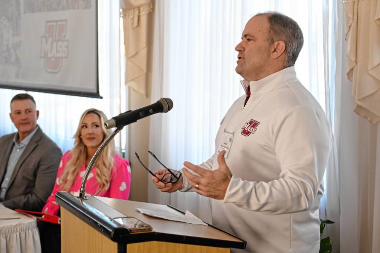 Jeff Smith, deputy athletic director for external operations at the University of Massachusetts Amherst, tells those in attendance at the Franklin County Chamber of Commerce breakfast about his job. The breakfast was held at Terrazza Ristorante in Greenfield.