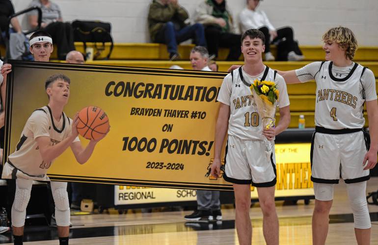 Pioneer’s Brayden Thayer (10) scored the 1,000th point of his career during the Panthers’ 65-37 win over Fenway in the MIAA Division 5 Round of 32 on Friday night at Messer Gymnasium in Northfield.