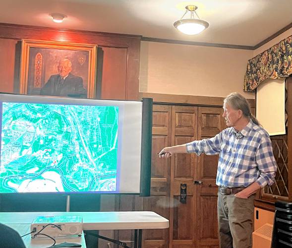 Nolumbeka Project President David Brule provides an update on the archaeological study of the 1676 Great Falls Massacre in Greenfield during an event sponsored by the Historical Society of Greenfield last week at the Episcopal Church of Saints James and Andrew.