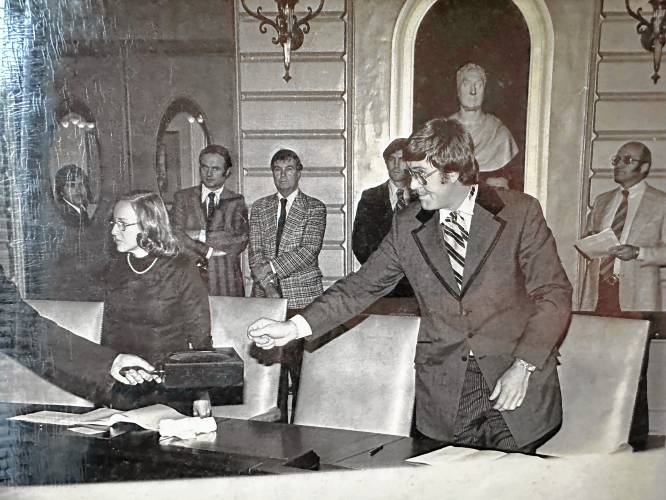 Northampton resident Phil Sullivan, then vice chair of the Democratic State Committee, casts his vote as an elector at the State House for the Carter presidency in 1976.