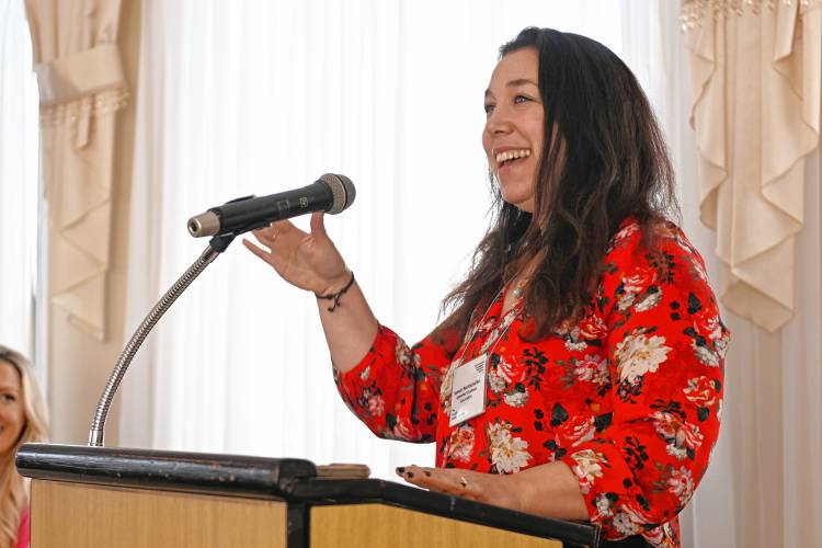 Hannah Rechtschaffen, director of the Greenfield Business Association, tells those in attendance at the Franklin County Chamber of Commerce breakfast about her job. The breakfast was held at Terrazza Ristorante in Greenfield.