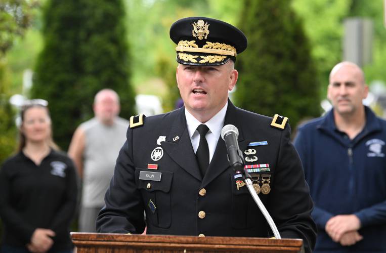 Guest Speaker Brig.  Gen.  Mark Kalin speaks at Veterans Mall in Greenfield during ceremonies on Memorial Day in Greenfield Monday.