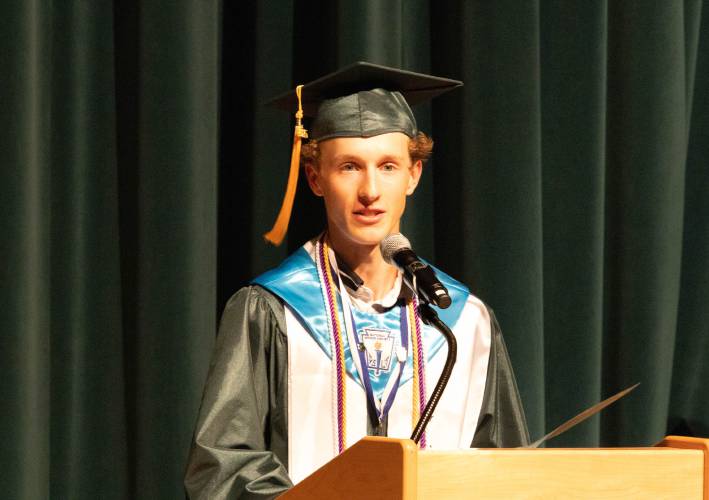 The Greenfield High School class of 2025 Valedictorian Shane Toomey speaks at his graduation on Saturday