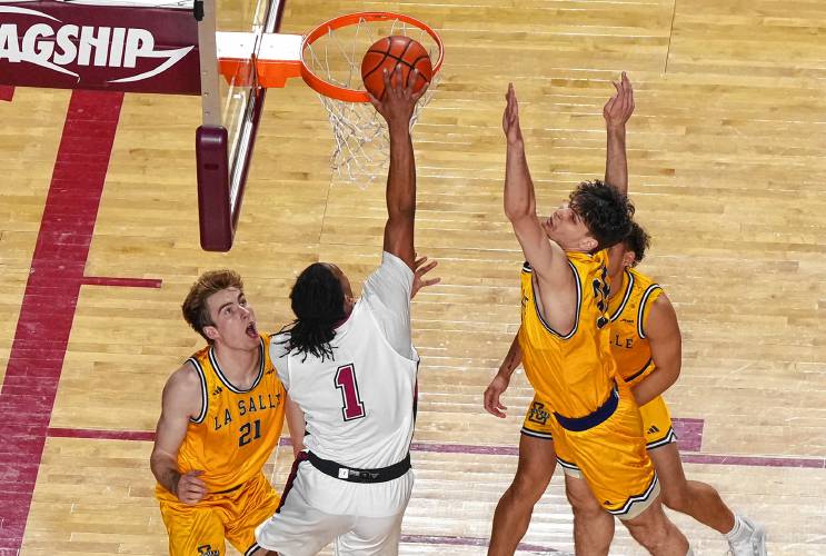 UMass’ Daniel Hankins-Sanford (1) will likely see an increased role against Rhode Island on Saturday, as the Minutemen travel to the Ryan Center for a 2 p.m. tip.