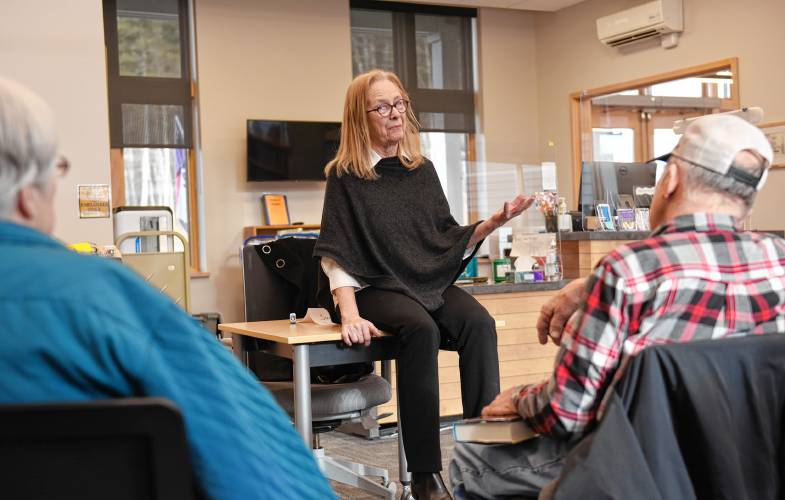 Laurie MacLeod discusses her experiences as a judge during a talk at the Erving Public Library on Tuesday.