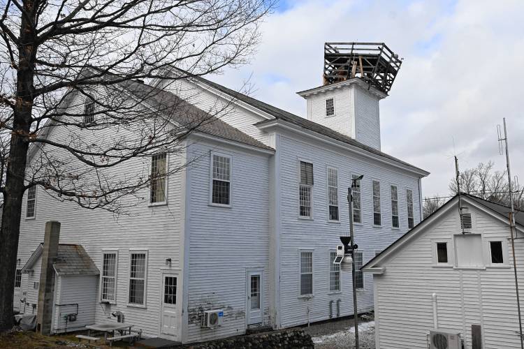 The temporary structure on the tower of Ashfield Town Hall, where the cupola has been removed, shifted amid heavy winds last week.