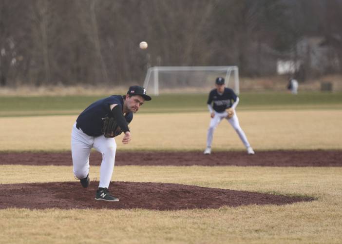 Frontier Regional’s Joey Hutkoski throws a pitch during the Redhawks’ win over Hopkins on Wednesday afternoon in Hadley.