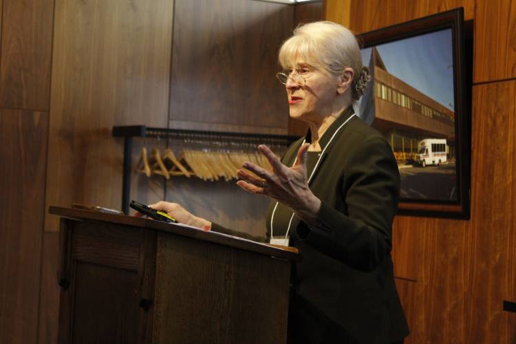 Jetta Bernier, executive director of Enough Abuse, speaks at the Community Health Improvement Plan (CHIP) meeting in Greenfield on Thursday.