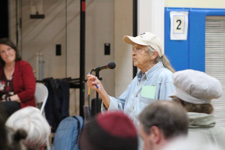 Colrain resident June Ahearn speaks during Annual Town Meeting on Tuesday at Colrain Central School.