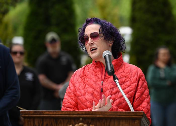 The Greenfield mayor’s chief of staff, Erin Anhalt, speaks at Veterans Mall in Greenfield during ceremonies on Memorial Day in Greenfield Monday.
