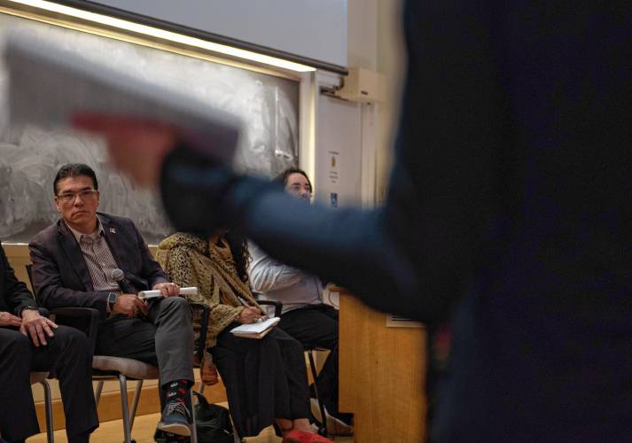 UMass Chancellor Javier Reyes answers questions during a special meeting of the Faculty Senate last week, where Reyes and members of his administration made a presentation and answered questions about the campus protest and police actions on May 7 and May 8.