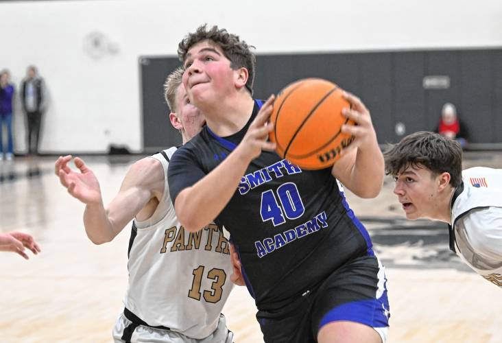 Smith Academys Harrison LaFlamme looks to shoot vs Pioneer in Northfield Wednesday. 