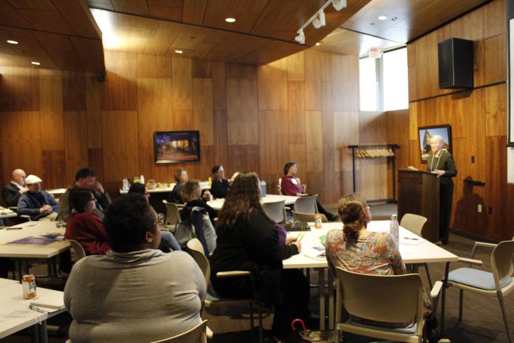 Jetta Bernier, executive director of Enough Abuse, speaks at the Community Health Improvement Plan (CHIP) meeting in Greenfield on Thursday.