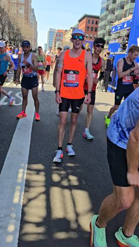 Montague's Michael Keebler after finishing the 2025 Boston Marathon on Monday. 