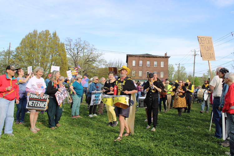 The Expandable Brass Band marches through the crowd at the Turners Falls “Raise a Ruckus for Labor and Democracy” rally on Thursday.