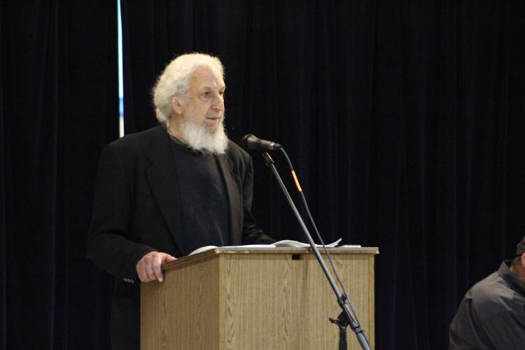 Town Moderator Joe Kurland during Annual Town Meeting on Tuesday at Colrain Central School.