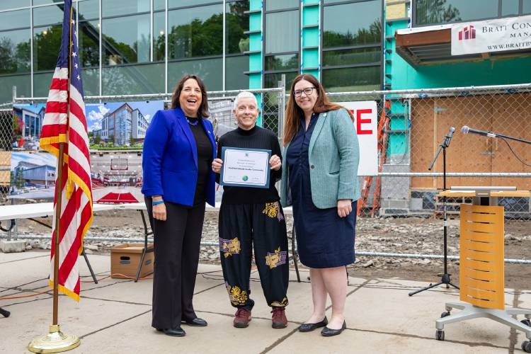 From left, Lt. Gov. Kim Driscoll, Ashfield Energy Committee member Mary Quigley and Department of Energy Resources Commissioner Elizabeth Mahony at the inaugural Climate Leaders Ceremony in Watertown earlier this month. From left, Lt. Gov. Kim Driscoll, Ashfield Energy Committee member Mary Quigley and Department of Energy Resources Commissioner Elizabeth Mahony at the inaugural Climate Leaders Ceremony in Watertown earlier this month.