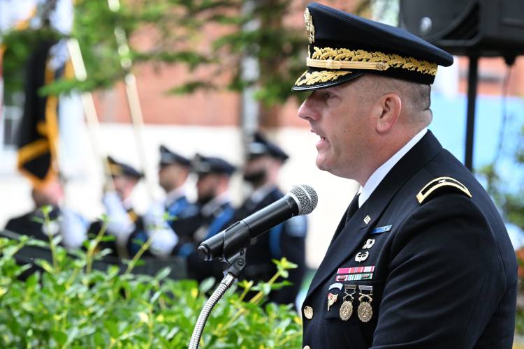Guest Speaker Brig. Gen. Mark Kalin speaks at Veterans Mall in Greenfield during ceremonies on Memorial Day in Greenfield Monday.