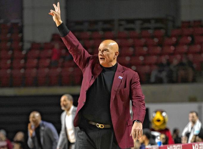 UMass men’s basketball coach Frank Martin shouts instructions to his team during Tuesday’s loss to Saint Joseph’s at the Mullins Center in Amherst. UMass men’s basketball coach Frank Martin shouts instructions to his team during Tuesday’s loss to Saint Joseph’s at the Mullins Center in Amherst.