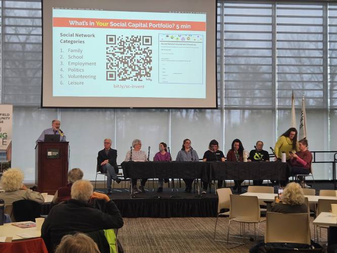 Panelists at Resilient Greenfield’s launch event at Greenfield Community College on Saturday.