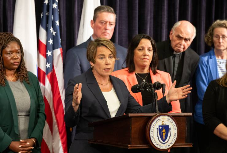 Gov. Maura Healey speaks during a press conference in August. Healey joined eight counterparts from other states in a new plea for federal immigration action, including funding to support states that have spent billions of dollars placing new migrant arrivals into emergency shelters. Gov. Maura Healey speaks during a press conference in August. Healey joined eight counterparts from other states in a new plea for federal immigration action, including funding to support states that have spent billions of dollars placing new migrant arrivals into emergency shelters.