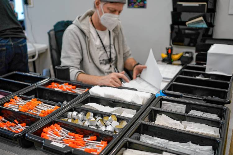 Supplies for drug users are seen at an overdose prevention center, OnPoint NYC, in New York in February 2022. Across the U.S., drug overdoses killed an estimated 100,000 people in 2021, according to federal health officials. 