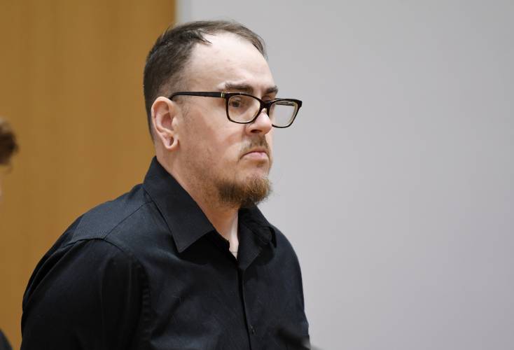 David Prue, 36, of Orange, stands in Franklin County Superior Court during his sentencing for aggravated rape and abuse of a child on Tuesday.