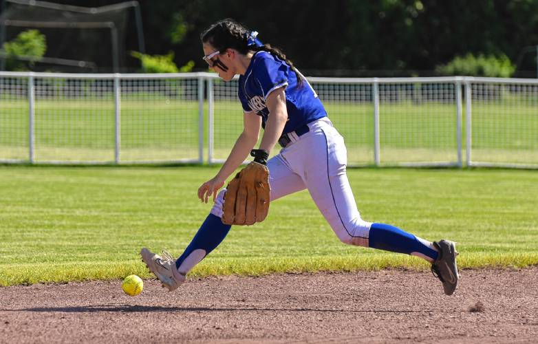 Turners Falls shortstop Mia Marigliano tracks down a throw back to the infield during the Thunder’s victory over Academy of Notre Dame in the MIAA Division 5 Round of 32 on Monday at Gary Mullins Field in Turners Falls.
